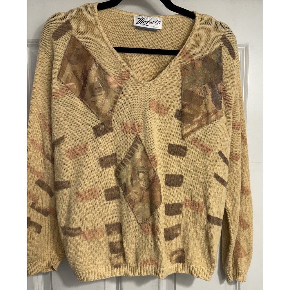 Victoria Sage Vtg USA 90's‎ Art to Wear Sweater Sz Large Beige Artsy Boho